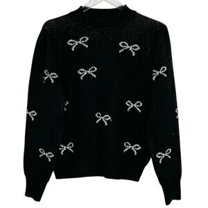 Nanette Lepore M Bows Sweater Womens Black Pullover Metallic Girlie